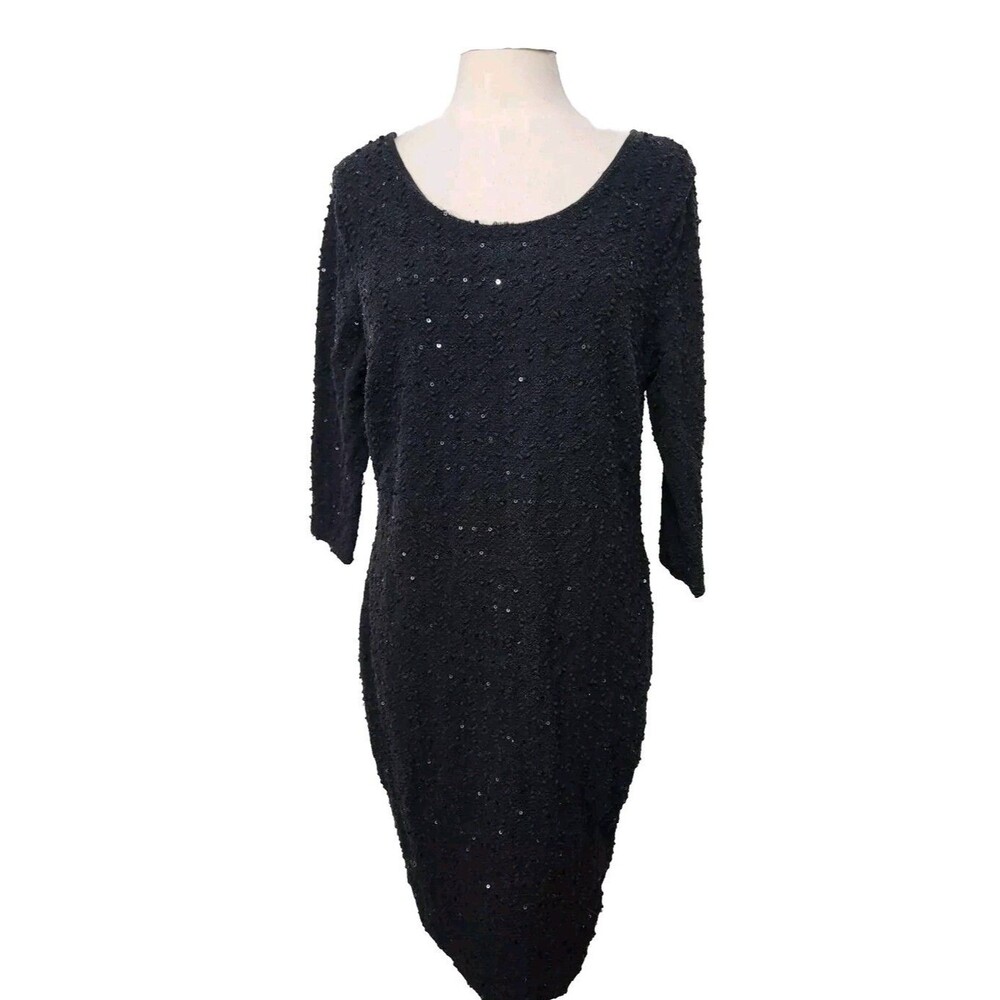 Jennifer Lopez Womens Dress Plus Sz 0X Black Sheath Knit Stretch Lined SEQUINS